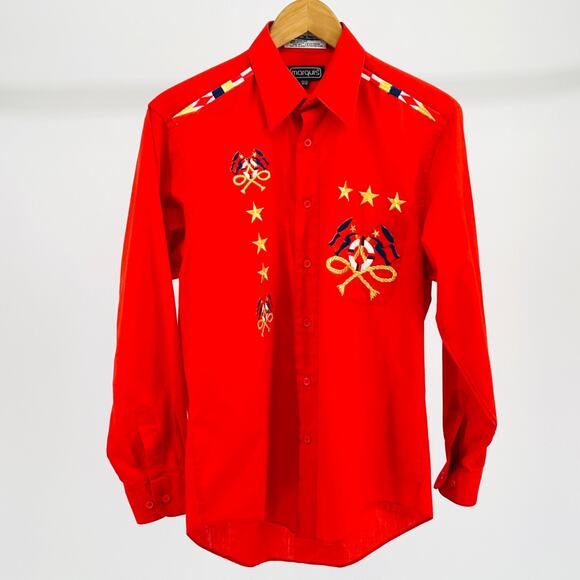 80s Marquis Red Nautical Long Sleeve Button Down Gold Sailing Patch Size S - Picture 1 of 6